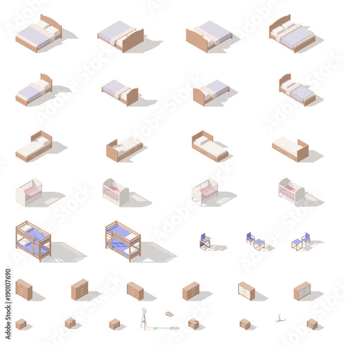 Bedroom and children room furniture, low poly isometric icon set