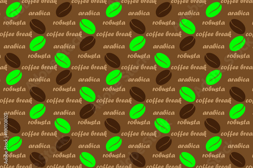 Coffee vector pattern - brown and green pattern with text, Coffee beans with  text arabica, robusta and coffee break