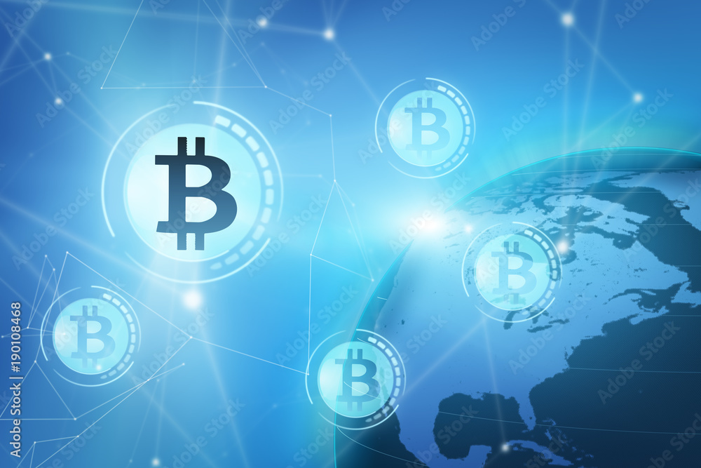 Naklejka premium Bitcoin sign on blue virtual screen, blockchain concept