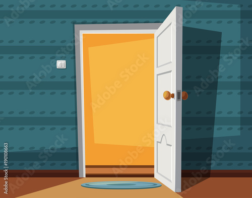 Open door. Cartoon vector illustration. Inside of home