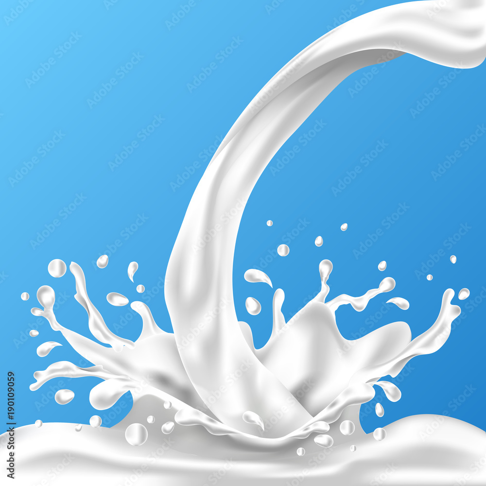 Splashing and whirl milk liquid for design on blue background. Vector 3D  illustrations, pouring, realistic natural dairy products, yogurt or cream.  Template for packaging, advertising, promotion. Stock Vector | Adobe Stock