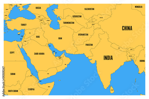 Political map of South Asia and Middle East. Simple flat vector map with yellow land and blue sea.