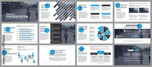 Blue and black business presentation slides templates from infographic elements. Can be used for presentation, flyer and leaflet, brochure, marketing, advertising, annual report, banner, booklet.