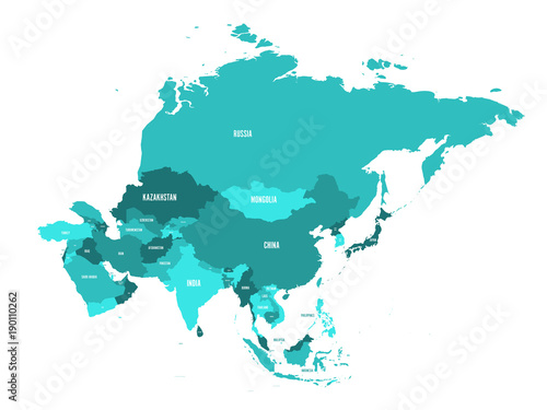 Political map of Asia continent in shades of turquoise blue. Vector illustration.