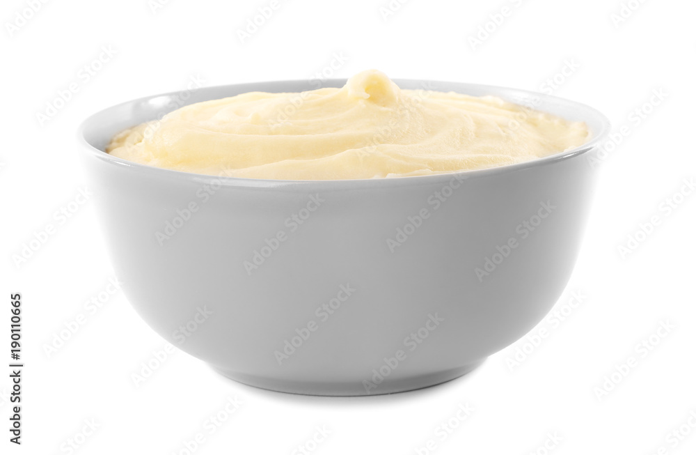 Bowl with mashed potatoes on white background Bowl with mashed potatoes on white background
