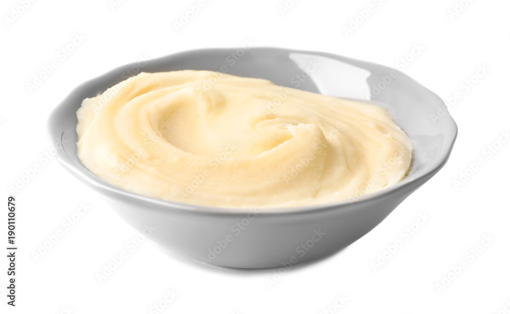 Plate with mashed potatoes on white background Plate with mashed potatoes on white background