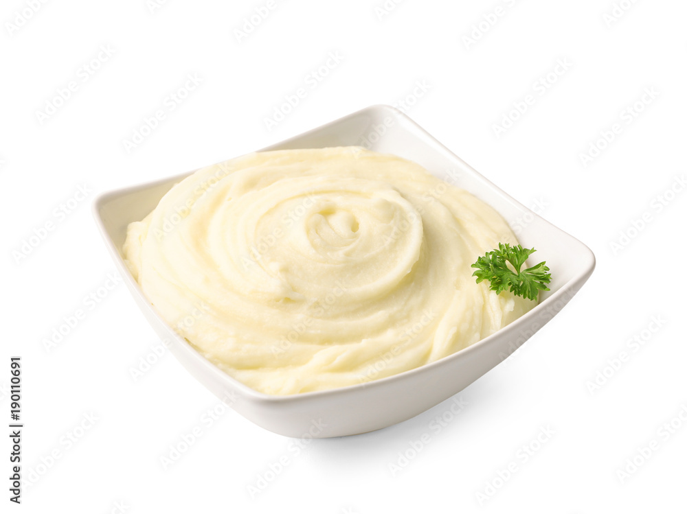 Dish with mashed potatoes on white background Dish with mashed potatoes on white background
