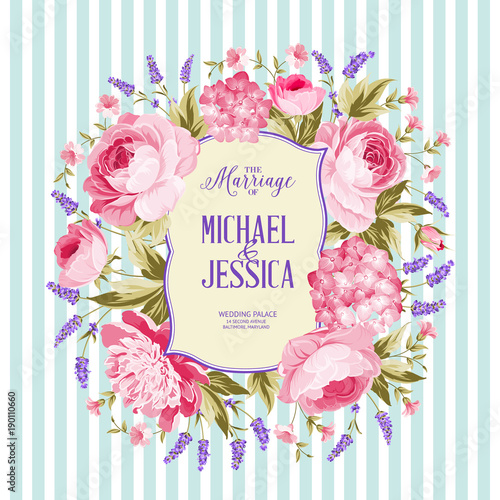 Marriage invitation card. Spring flowers bouquet of rose, peony and lavender garland. Wedding card with rose flowers over blue tile background. Vector illustration.