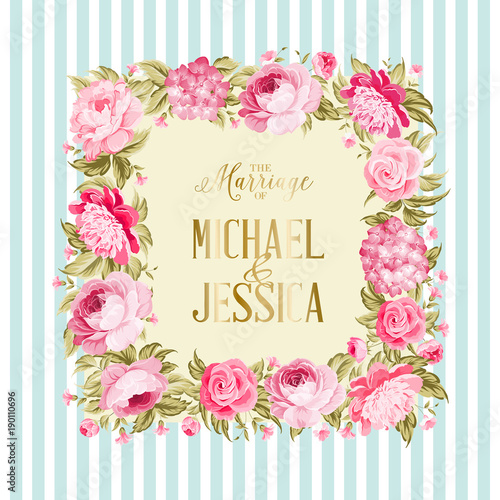 The marriage card. Wedding invitation card template. Frame of red flowers in vintage style. Marriage invitation card with custom sign and flower frame over tile blue background. Vector illustration.