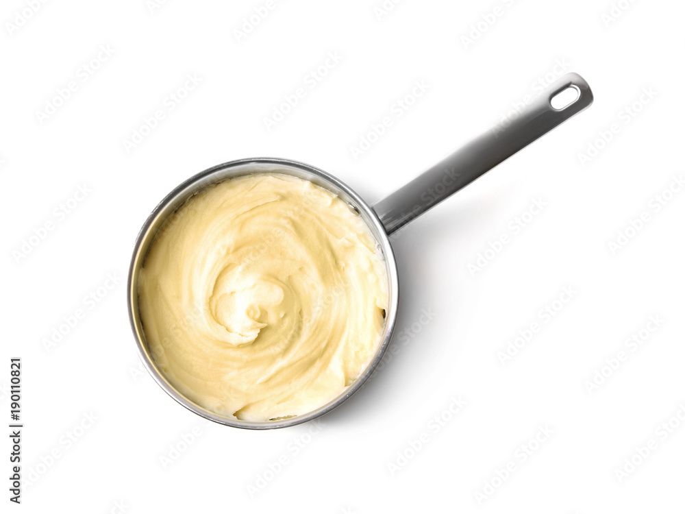 Cookware with mashed potatoes on white background Cookware with mashed potatoes on white background