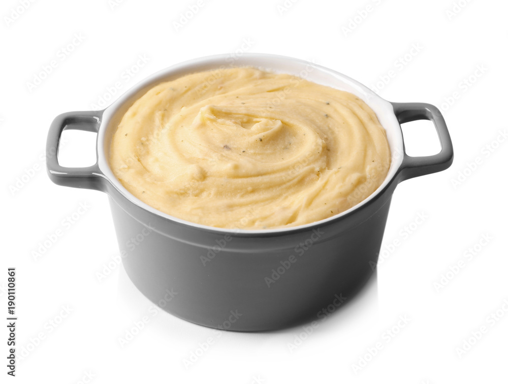 Casserole with mashed potatoes on white background Casserole with mashed potatoes on white background