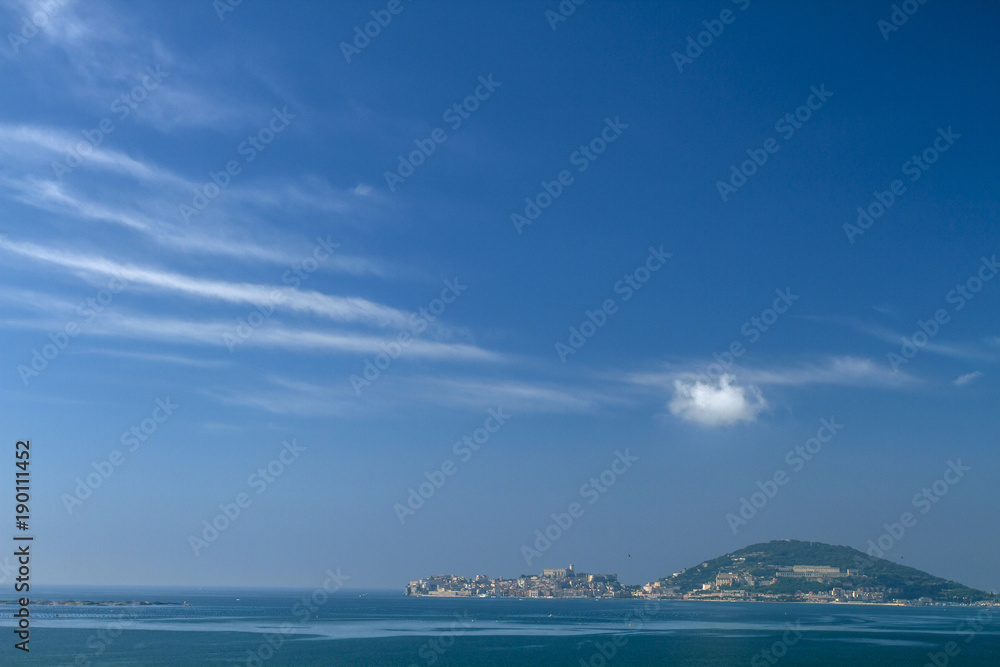 Seascape  in the in sunny Summer day . Mediterranean sea. Minimalism. Relaxation Concept. Beaches of Italica. 