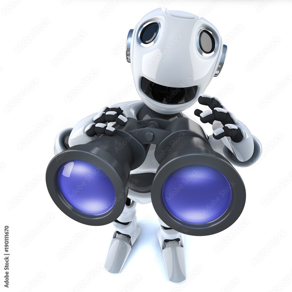 3d Cartoon robot man using a pair of binoculars 3d Cartoon robot man using a pair of binoculars