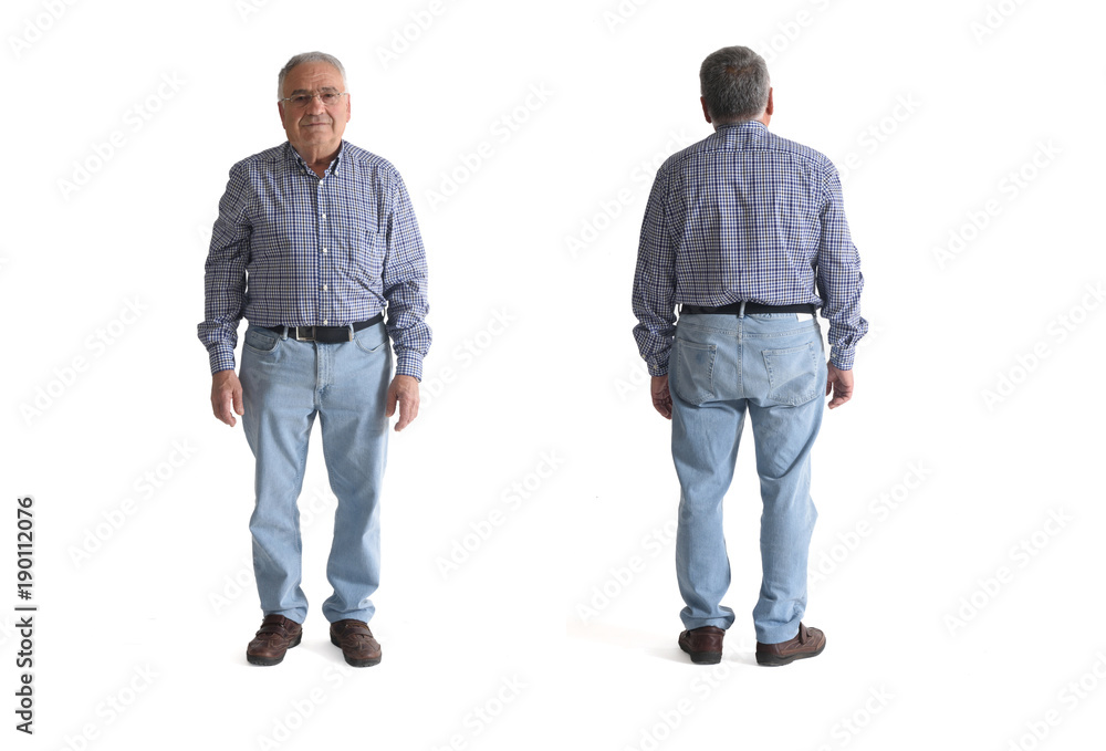 Front and back of senior man isolated on white Front and back of senior man isolated on white