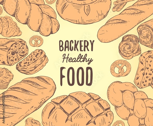 Vintage bread banner with text in the center. ulinary design with different kinds of baking. Vector template for bakery shop labels or menu, recipe design. photo