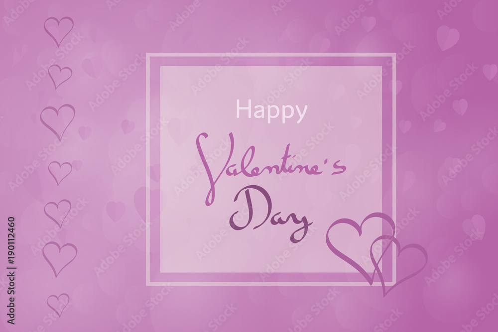Valentine’s day. Background with hearts and frame in purple colors. Text: Happy Valentine’s Day.