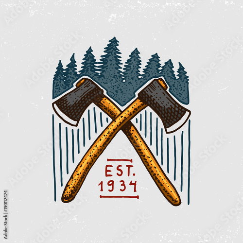 coniferous forest, mountains and wooden logo. camping and wild nature. landscapes with pine trees and hills. emblem or badge, tent tourist, brown bear, travel for vintage labels. engraved hand drawn.