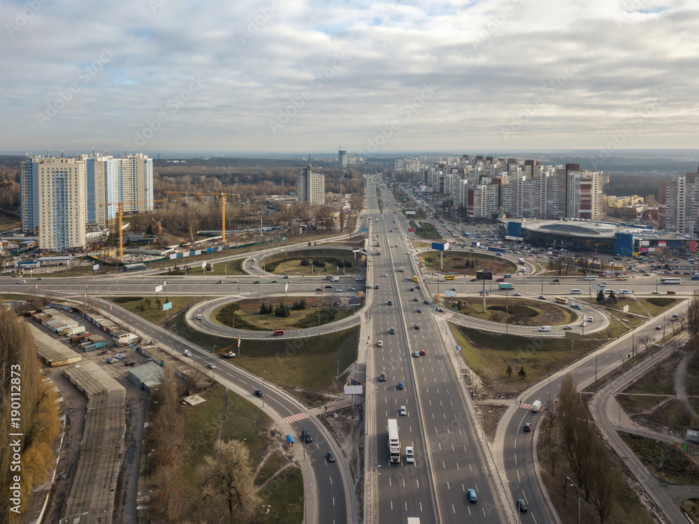 Aerial View of freeway traffic highway. Kiev, capital of Ukraine