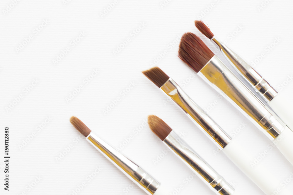 Make Up Beauty Concept. Set of make up brushes for lipstick, eyeshadows, foundation, powder, eyeliner and blusher on white background with copy space, top view, flat lay Make Up Beauty Concept. Set of make up brushes for lipstick, eyeshadows, foundation, powder, eyeliner and blusher on white background with copy space, top view, flat lay