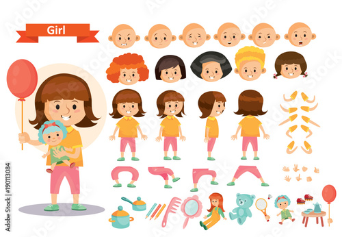 Fotografiet Girl kid playing toys vector cartoon child character constructor isolated icons of body parts, face emotions or gesture and haircut creation