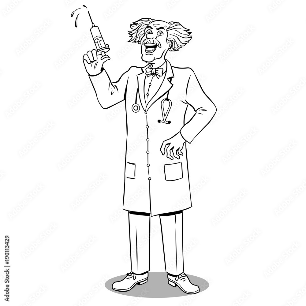 Obraz premium Mad doctor with syringe coloring book vector
