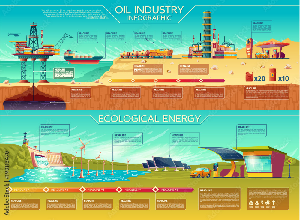 Vector oil industry ecological energy infographics presentation template set. Renewable solar panel water dam windmill turbines, electric car charging station traditional oil extraction transportation