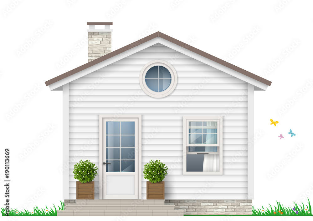 Beautiful white little house with trees in pots. Vector graphics