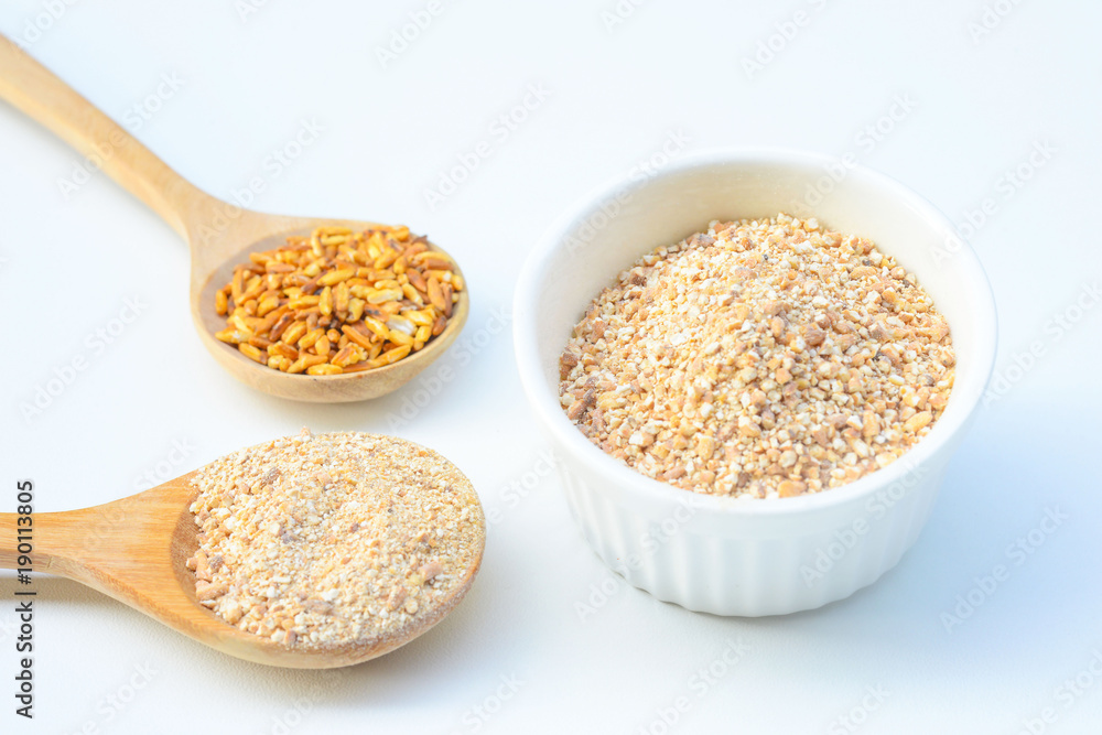 Ground roasted rice Thai condiment on white background
Ground roasted rice Thai condiment on white background