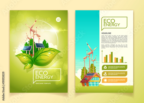 Eco energy concept brochure template vector illustration for green nature environment conservation and natural resources. Flat booklet design template of headlines and text presentation for ecology