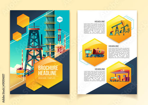 Oil industry brochure template vector illustration for oil refinery, producing company or refining plant. Flat geometric booklet design with headlines and text presentation templates of pipeline