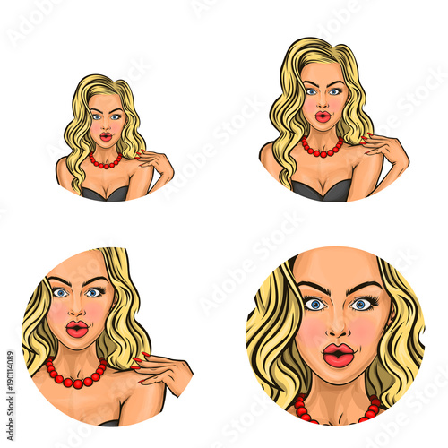 Vector pop art avatars for social network chat user profile or blog account picture icon templates. Young woman amazed or glamor blonde girl with rounded lips surprised expression. Retro sketch set