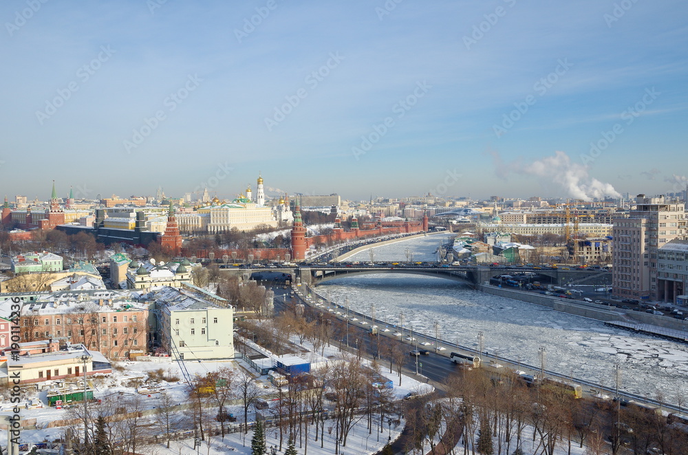The Winter view of the Moscow Kremlin and the Moscow-river from the observation platform of Cathedral of Christ the Saviour, Moscow, Russia