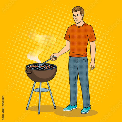 Man and barbecue pop art vector illustration
