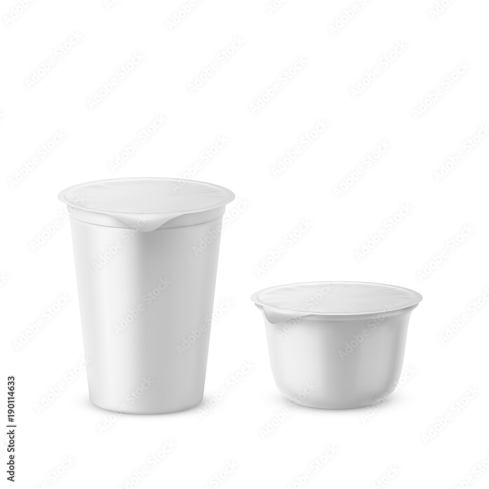 Yogurt plastic packaging vector illustration. Realistic 3D yoghurt cup or jam and dairy product container with foil cover. Model or mockup template set blank design isolated on white background for Yogurt plastic packaging vector illustration. Realistic 3D yoghurt cup or jam and dairy product container with foil cover. Model or mockup template set blank design isolated on white background for