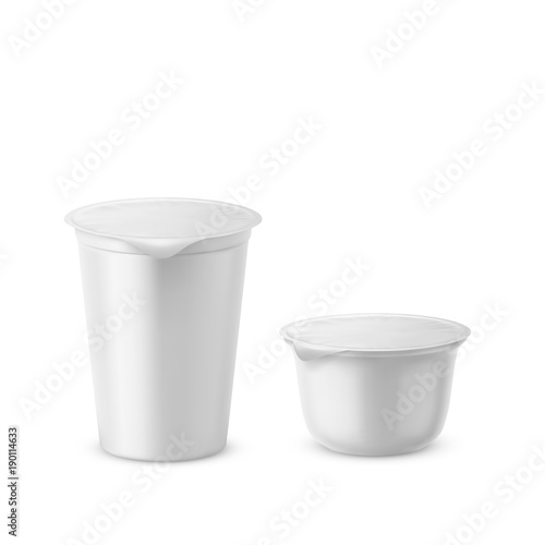 Yogurt plastic packaging vector illustration. Realistic 3D yoghurt cup or jam and dairy product container with foil cover. Model or mockup template set blank design isolated on white background for