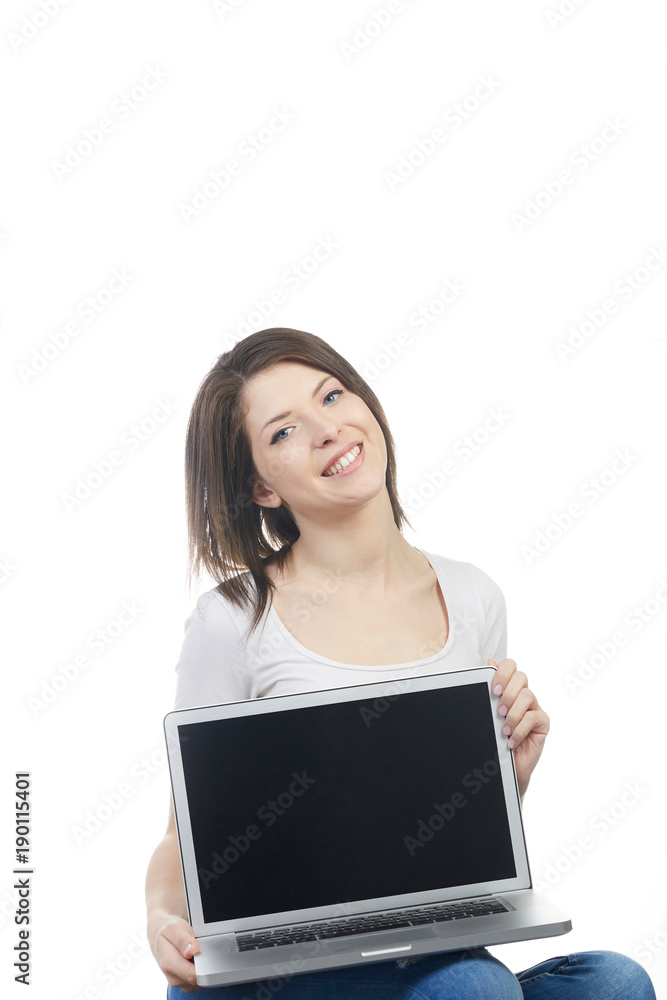 beautiful brunette working with laptop computer beautiful brunette working with laptop computer