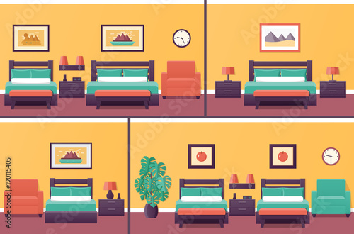 Hotel rooms in flat design. Set bedroom interior with beds. Vector illustration. Home background with furniture and houseplant. 