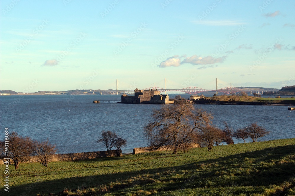 Blackness Castle with the three easternmost Forth Bridges in the background.