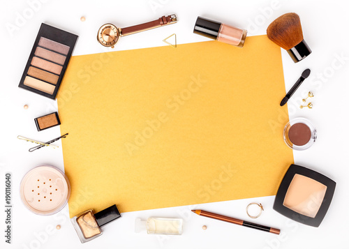 set of decorative cosmetics, makeup tools and accessory on white background with copy space for text. beauty, fashion, party and shopping concept. flat lay frame composition, top view