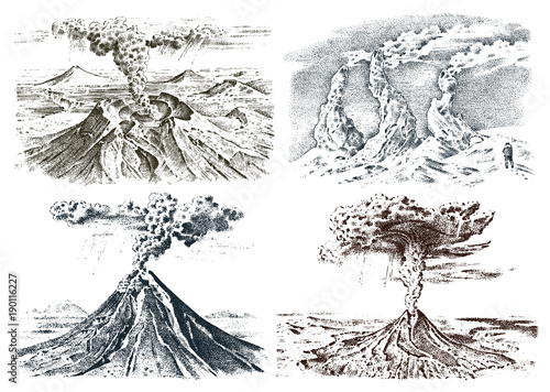 volcano activity with magma, smoke before the eruption and lava or nature disaster. for travel, adventure. mountain landscapes. engraved hand drawn in old sketch, vintage style.