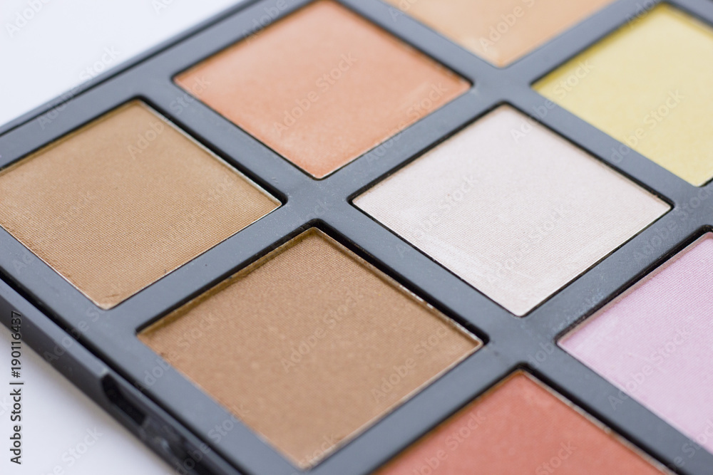 Make Up Beauty Fashion Concept. Daily make up eyeshadow palette on white, close up Make Up Beauty Fashion Concept. Daily make up eyeshadow palette on white, close up