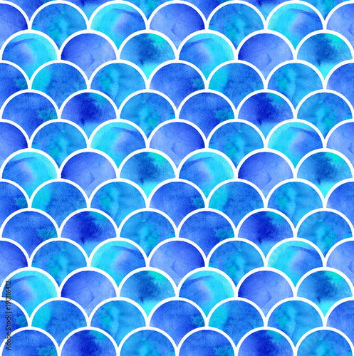 watercolor blue scales of mermaid. seamless pattern