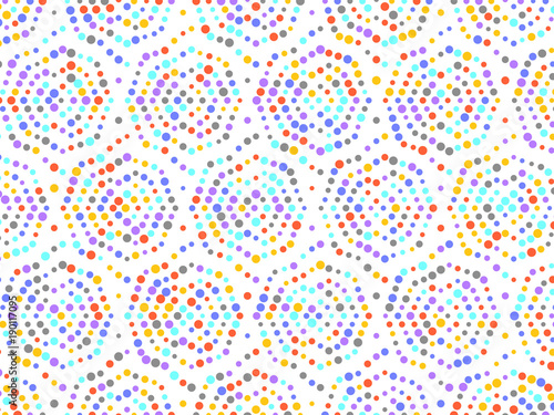Polka dot spiral pattern with red yellow grey purple blue circles