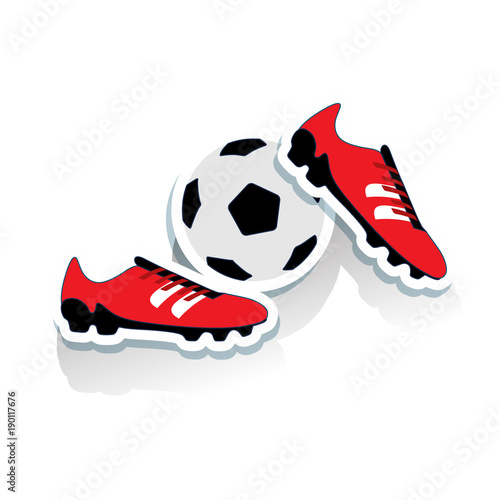 Red soccer shoes and soccer ball, cartoon on white background,