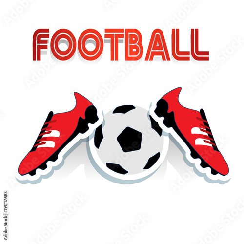 Red soccer shoes and soccer ball, and football inscription, cartoon on white background,