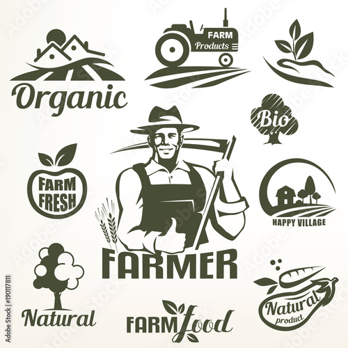 organic, bio or farm food emblems collection, stylized symbols set of natural products