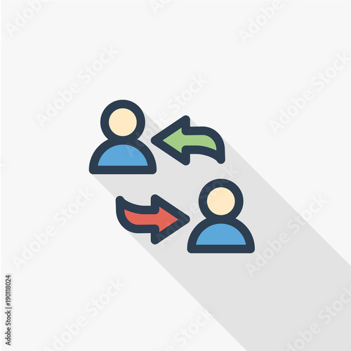 sharing, public communication, thin line flat color icon. Linear vector illustration. Pictogram isolated on white background. Colorful long shadow design.