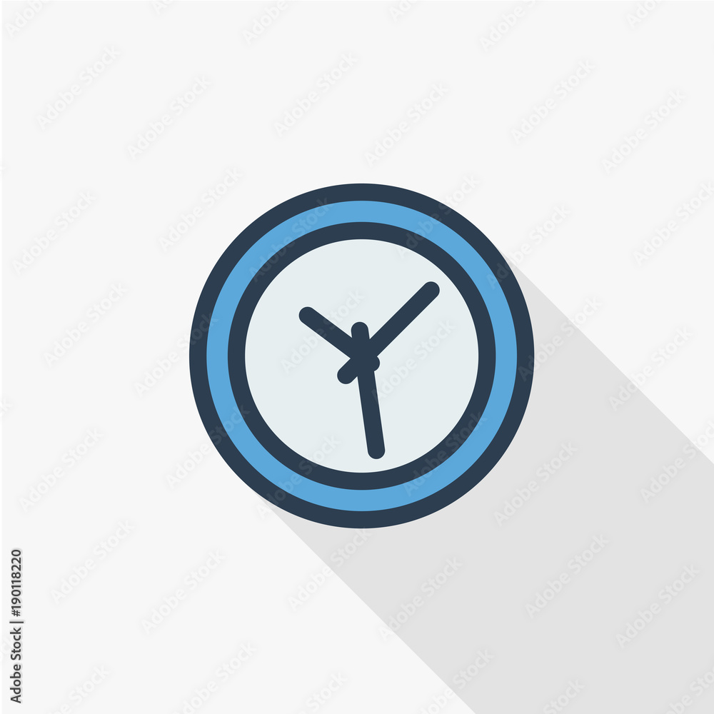 clock thin line flat color icon. Linear vector illustration. Pictogram isolated on white background. Colorful long shadow design.