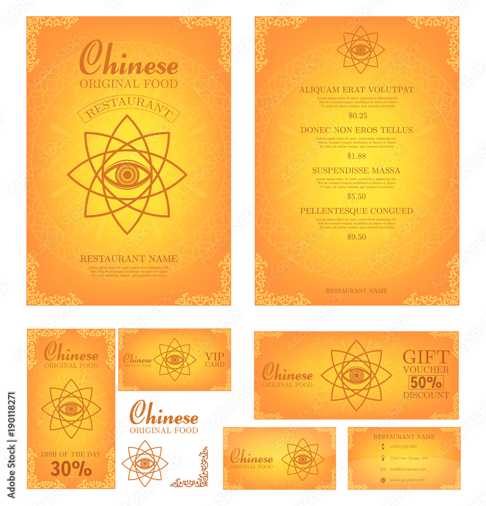 Chinese food restaurant menu template. Branding. Business card, flyer, vip card and gift voucher. Vector design