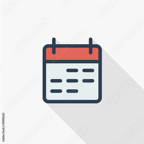 calendar thin line flat color icon. Linear vector illustration. Pictogram isolated on white background. Colorful long shadow design.